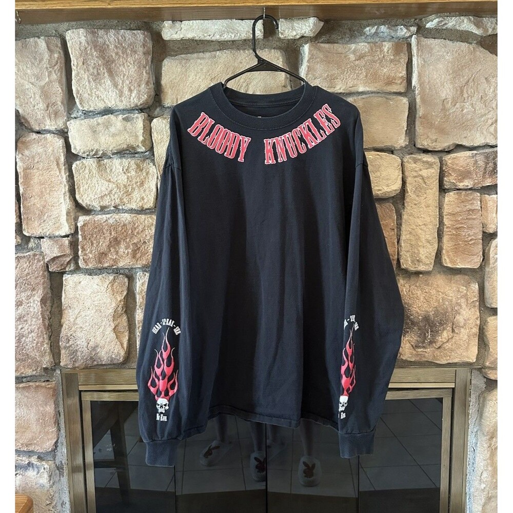 Y2K Bloody Knuckles Brass Motorcycle Long Sleeve 2XL Biker Flame Skull AZ Men’s